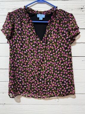 CeCe Black Floral V-Neck Short Sleeve Blouse with Pink & Green Print
